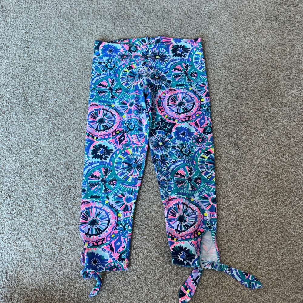 Lilly Pulitzer Girls Floral Medallion Cropped Leggings Blue Pink Tie Hem L 8-10